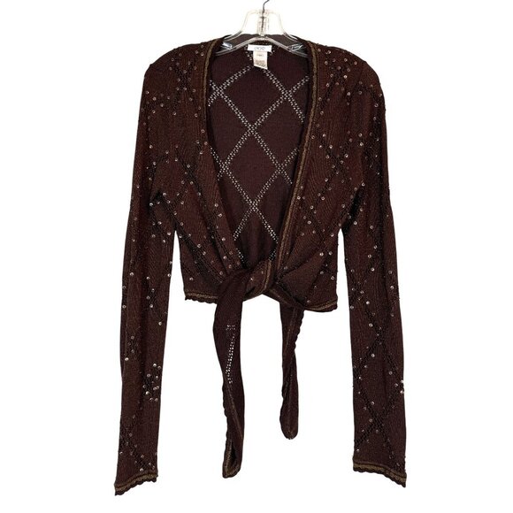 Vintage Cache Cropped Brown Sequin Y2K Sweater Shrug Fairy Grunge Tie Medium - Picture 10 of 10